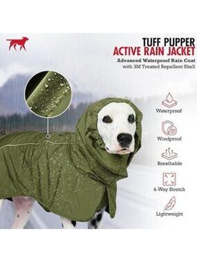 Tuff‎ Pupper Dog Raincoat Reflective Trim Medium Green Waterproof Adjustable